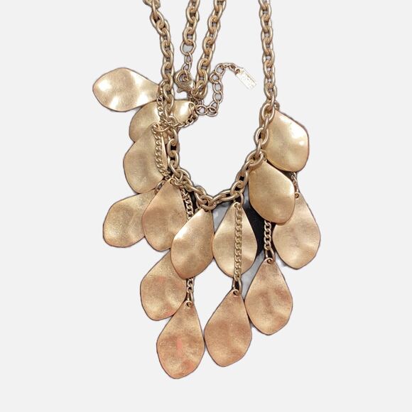 Gold Chain Necklace Hammered Finish Disks Dangles & Drops Boho Lux Style Choker - Picture 6 of 16